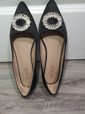 RAID Black Pointed Toe Flats with Crystal Circle Accent